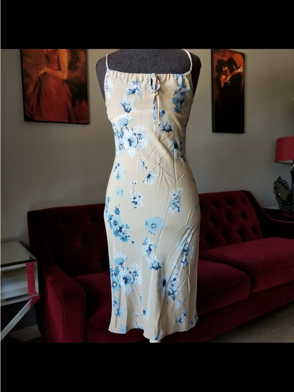 vintage Charlotte Russe Cream Slip Dress with Blue Floral Print
